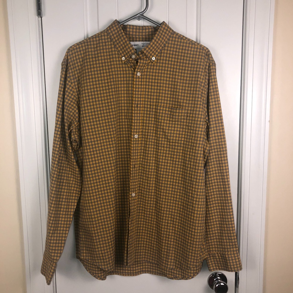 NWT Old Navy Mens Button Down Shirt Yellow Gray Gingham Size Large Cotton Casual